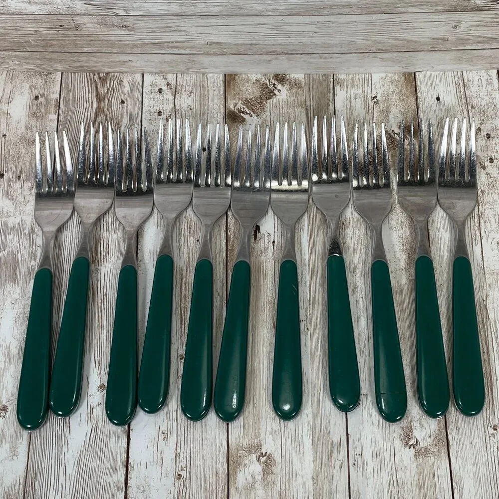 Vintage ONEIDA 55 Pc Lot Green Plastic Handle Utensil Stainless Steel Flatware